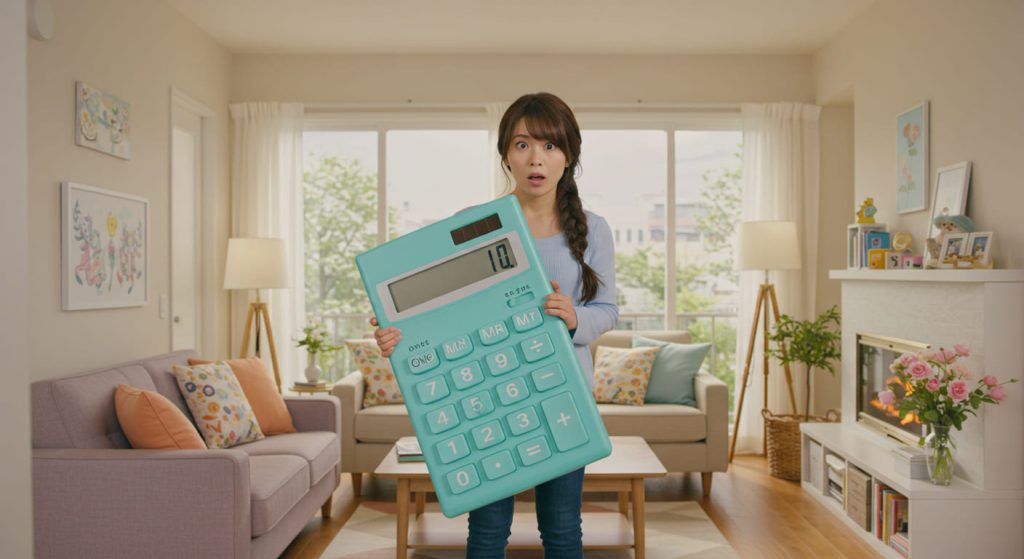 大きな電卓を持つ女性