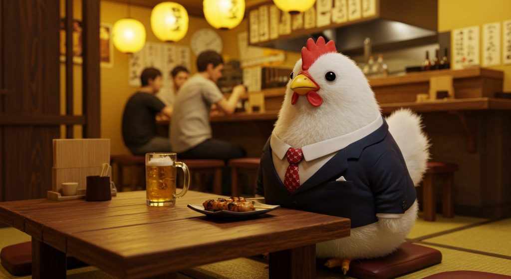 焼き鳥屋で座るニワトリ