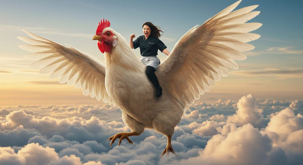 巨大な鶏に乗って飛ぶ店主