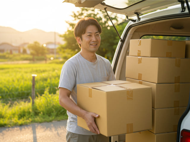 軽バンから段ボールを降ろす男性