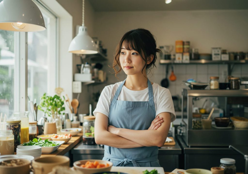 腕を組んで考え事をする女性