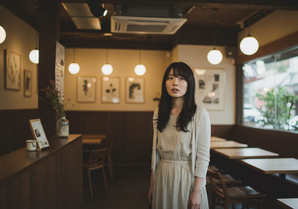 カフェの店内をチェックする女性