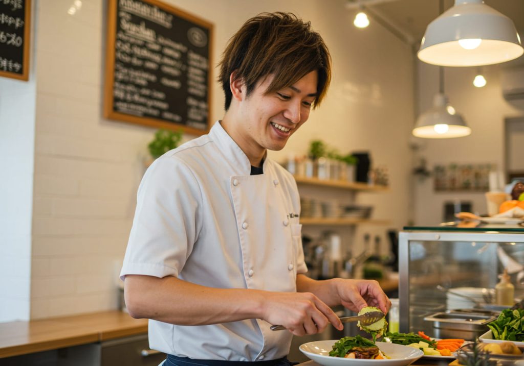 ヴィーガンカフェの男性コック