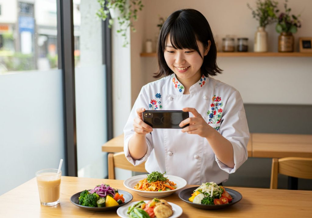 スマホで料理の写真を撮るコック