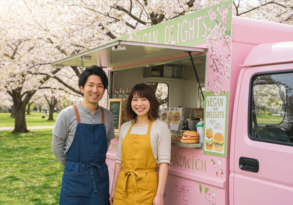 キッチンカーと笑顔の夫婦