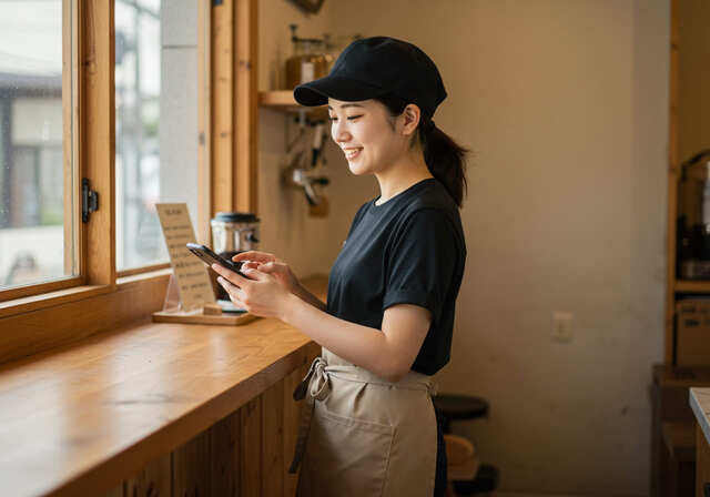 スマホを操作するカフェ店員
