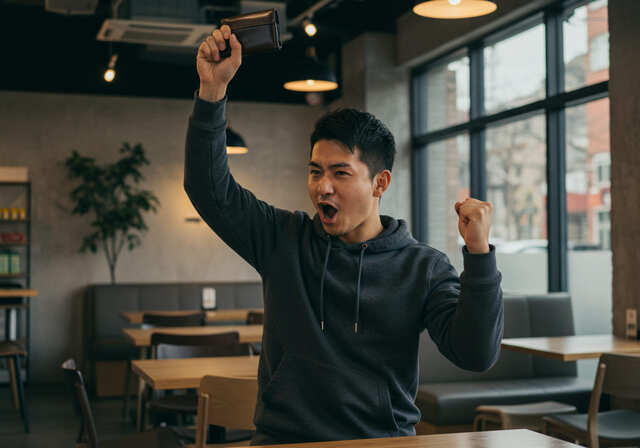 財布を持ち上げてガッツポーズする男性