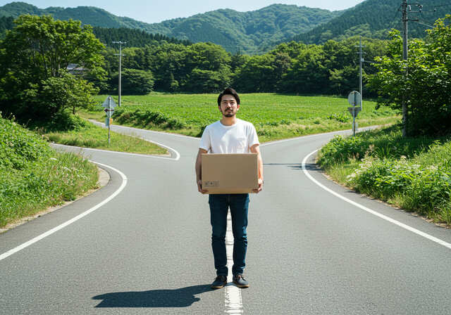 分岐路に立つ段ボールを持った男性