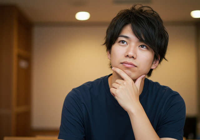 顎に手を当てて考え事をする男性