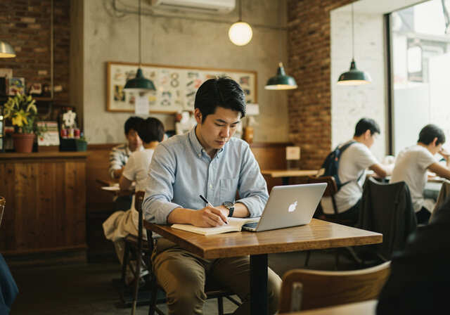 カフェで仕事中の男性