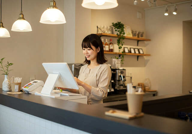 レジを打つ女性