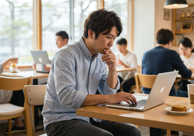 PCで調べ物をする男性